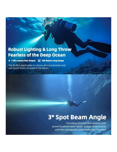 Lanterna manual LED DL30 submersível 100 metros IP68 alcance 788m 1100 lúmens