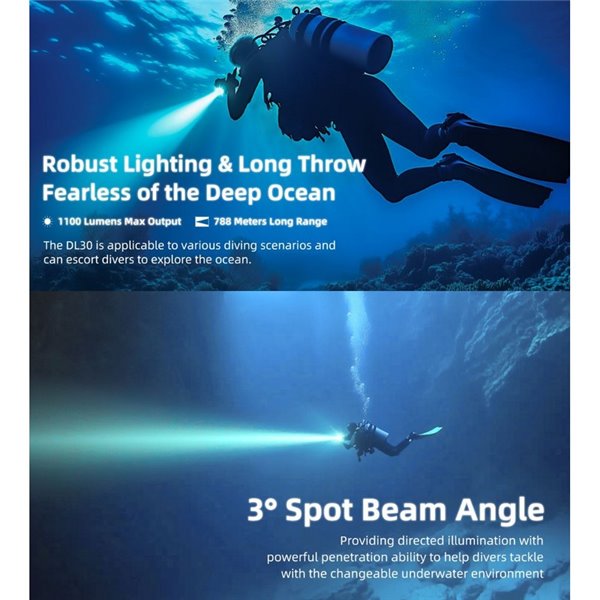 Lampe de poche LED DL30 submersible, 100 mètres, portée IP68, 788m, 1100 lumens