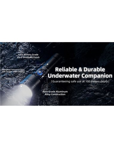 Lanterna manual LED DL30 submersível 100 metros IP68 alcance 788m 1100 lúmens