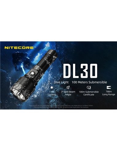 Linterna de Mano LED DL30 Sumergible 100 metros IP68 Alcance 788m 1100 Lúmenes
