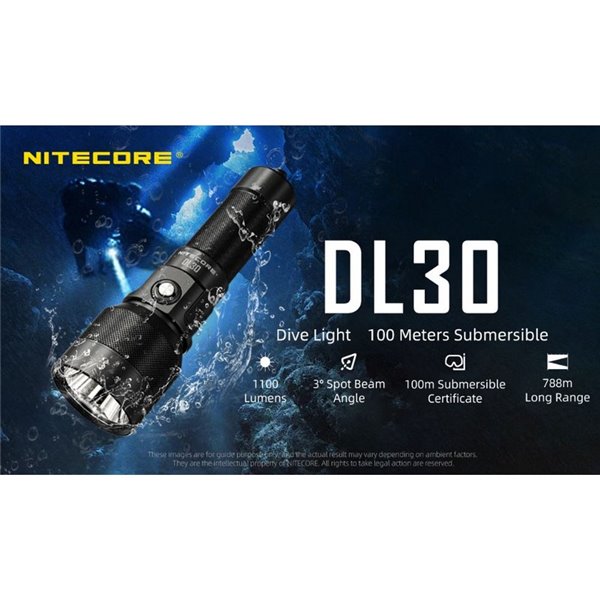 Linterna de Mano LED DL30 Sumergible 100 metros IP68 Alcance 788m 1100 Lúmenes