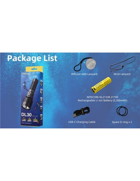Lampe de poche LED DL30 submersible, 100 mètres, portée IP68, 788m, 1100 lumens