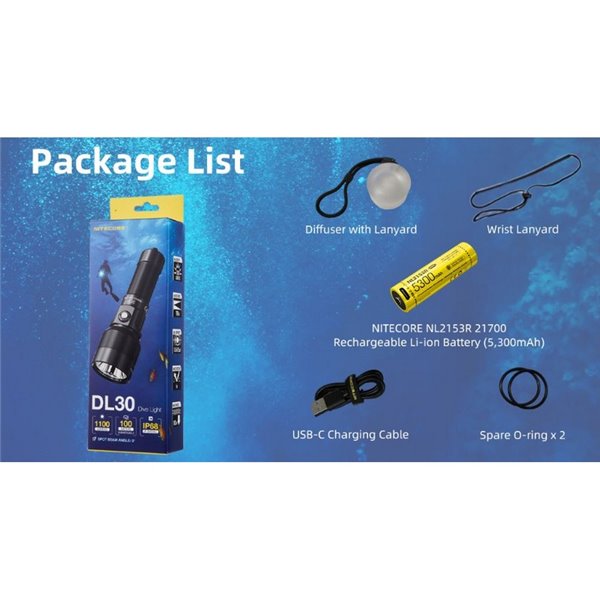 Lampe de poche LED DL30 submersible, 100 mètres, portée IP68, 788m, 1100 lumens