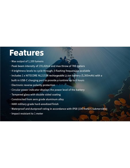 Lanterna manual LED DL30 submersível 100 metros IP68 alcance 788m 1100 lúmens