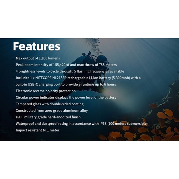 Linterna de Mano LED DL30 Sumergible 100 metros IP68 Alcance 788m 1100 Lúmenes