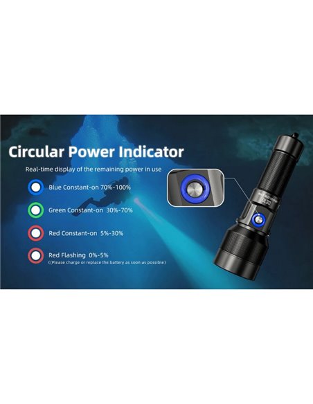 Lanterna manual LED DL30 submersível 100 metros IP68 alcance 788m 1100 lúmens