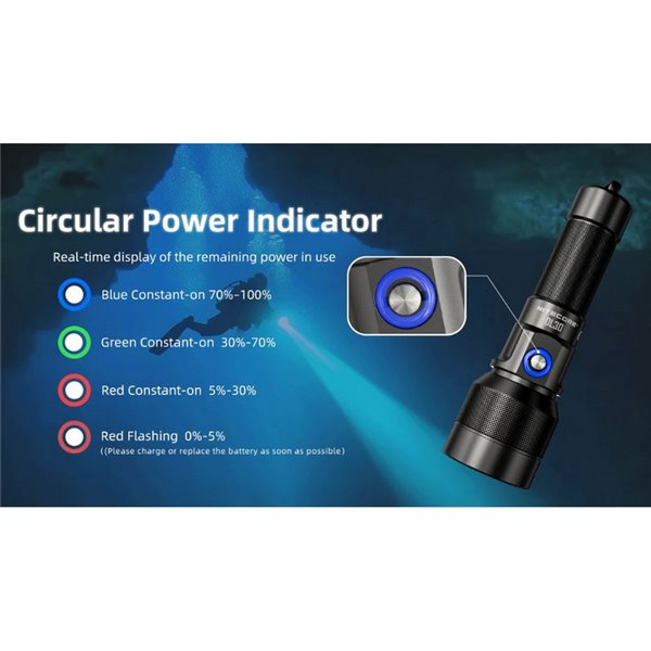 Lanterna manual LED DL30 submersível 100 metros IP68 alcance 788m 1100 lúmens