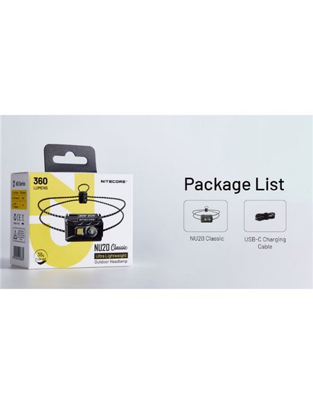 Linterna Frontal LED Ligera NU20 Classic Recargable USB-C Alcance 109 metros IP66