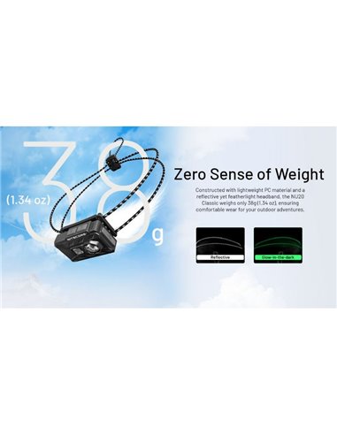 Linterna Frontal LED Ligera NU20 Classic Recargable USB-C Alcance 109 metros IP66