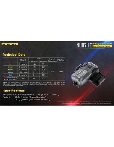 Luz Táctica de Señalización LED NU07 LE 5 colores 50 horas Autonomía Recargable USB-C IP66