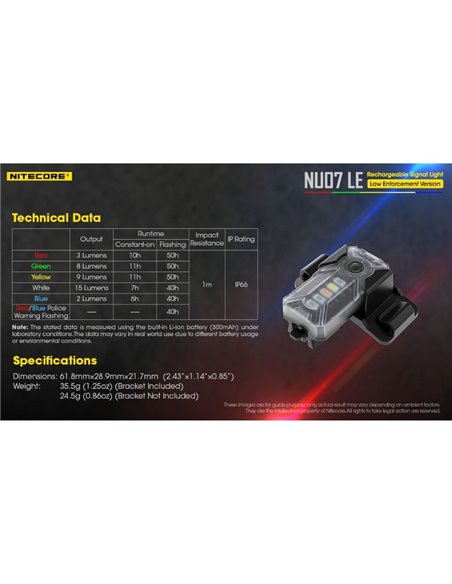 Luz Táctica de Señalización LED NU07 LE 5 colores 50 horas Autonomía Recargable USB-C IP66