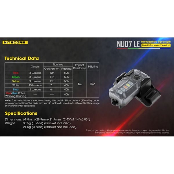 Luz Táctica de Señalización LED NU07 LE 5 colores 50 horas Autonomía Recargable USB-C IP66