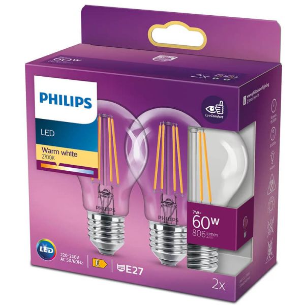 Pack 2 Bombilla LED A60 filamente 7W Reemplazo 60W Tono de Luz Cálida 2.700K Philips