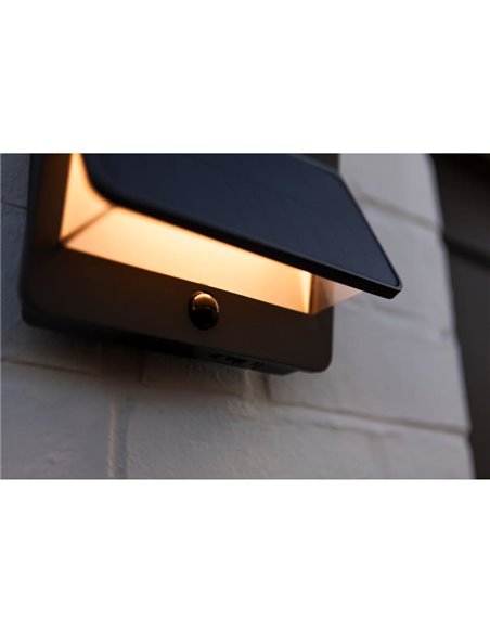 Aplique de pared LED exterior ALETA, con panel solar y sensor PIR, 12,6W 1100Lm, 3000K,gris oscuro