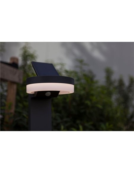 Baliza LED con panel solar ajustable y sensor PIR RUNDA, antracita, redondeo, 12W 1300Lm, 4000K
