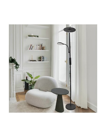 Lámpara de salón LED de metal negro con brazo lector, VINET 30+6W, 3000Lm, CCT 2700K/4000K/6500K, con mando a distancia imantado