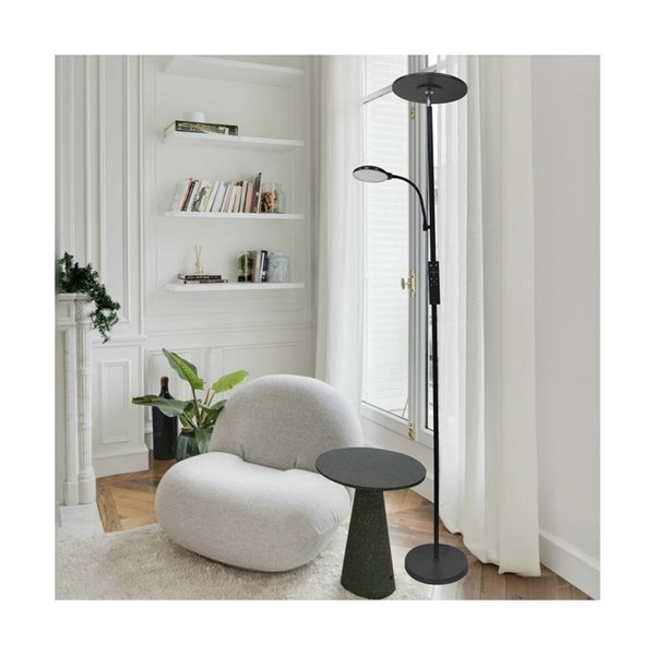 Lámpara de salón LED de metal negro con brazo lector, VINET 30+6W, 3000Lm, CCT 2700K/4000K/6500K, con mando a distancia imantado