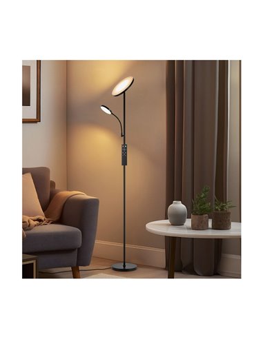 Lámpara de salón LED de metal negro con brazo lector, VINET 30+6W, 3000Lm, CCT 2700K/4000K/6500K, con mando a distancia imantado