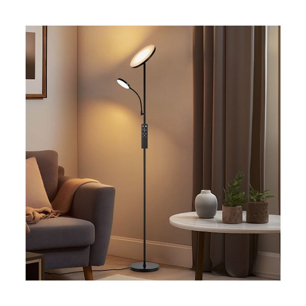 Lámpara de salón LED de metal negro con brazo lector, VINET 30+6W, 3000Lm, CCT 2700K/4000K/6500K, con mando a distancia imantado