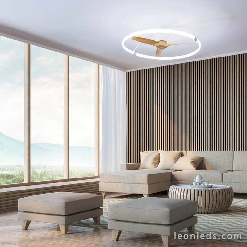 Ventilateur de plafond design avec lumière LED , nickel, hêtre